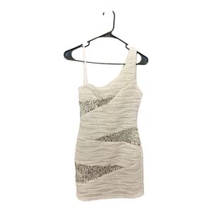 Y2K DEB White Sequin Mini Dress One Shoulder Bodycon‎ 2000s Party Club XS Ivory